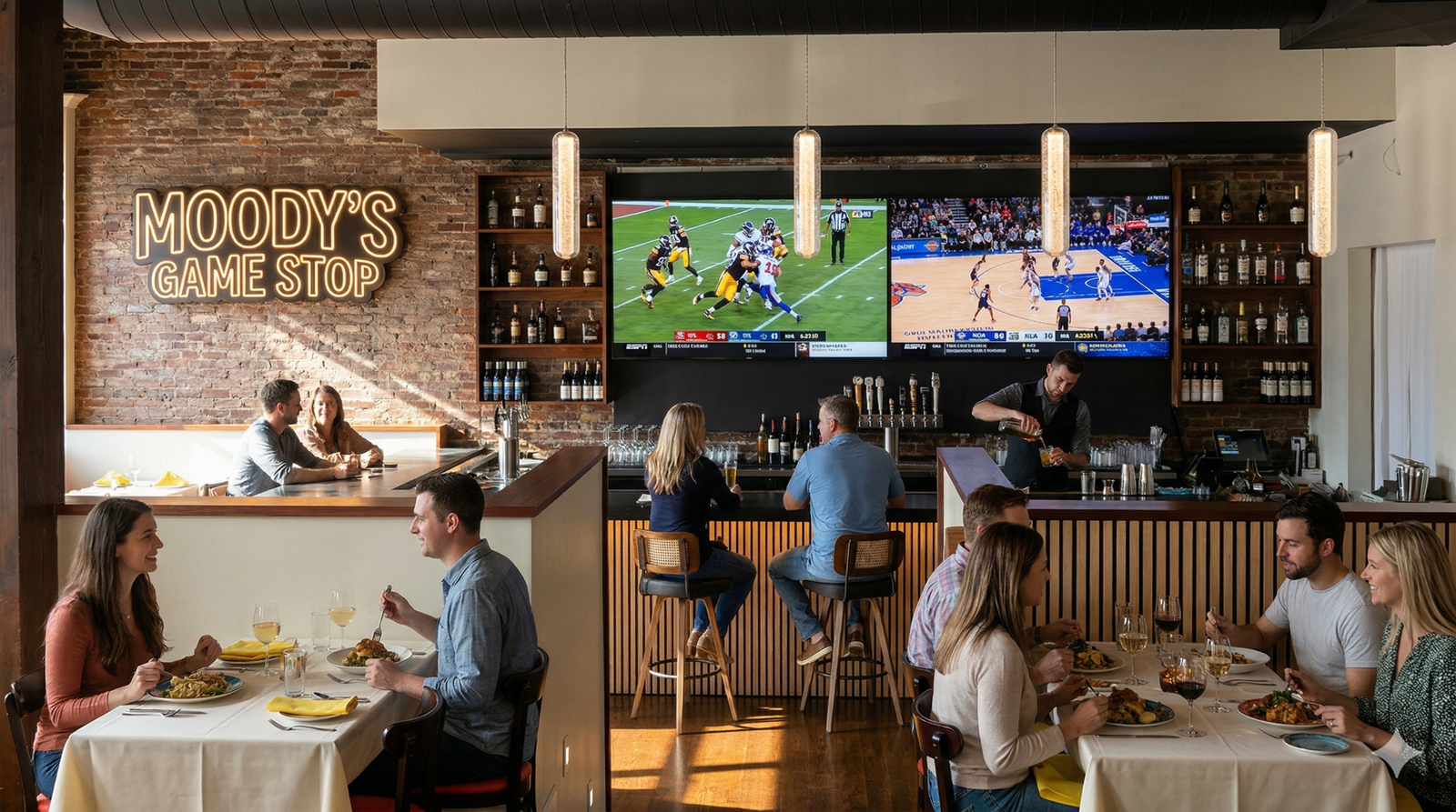 Taproom and Kitchen sports bar interior with video wall showing live games on Moody Street Waltham MA