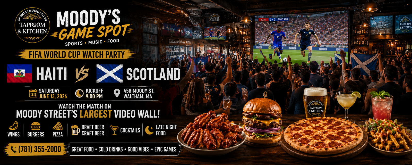 FIFA World Cup Watch Party at Taproom and Kitchen on Moody Street, Waltham MA — every match live on the video wall